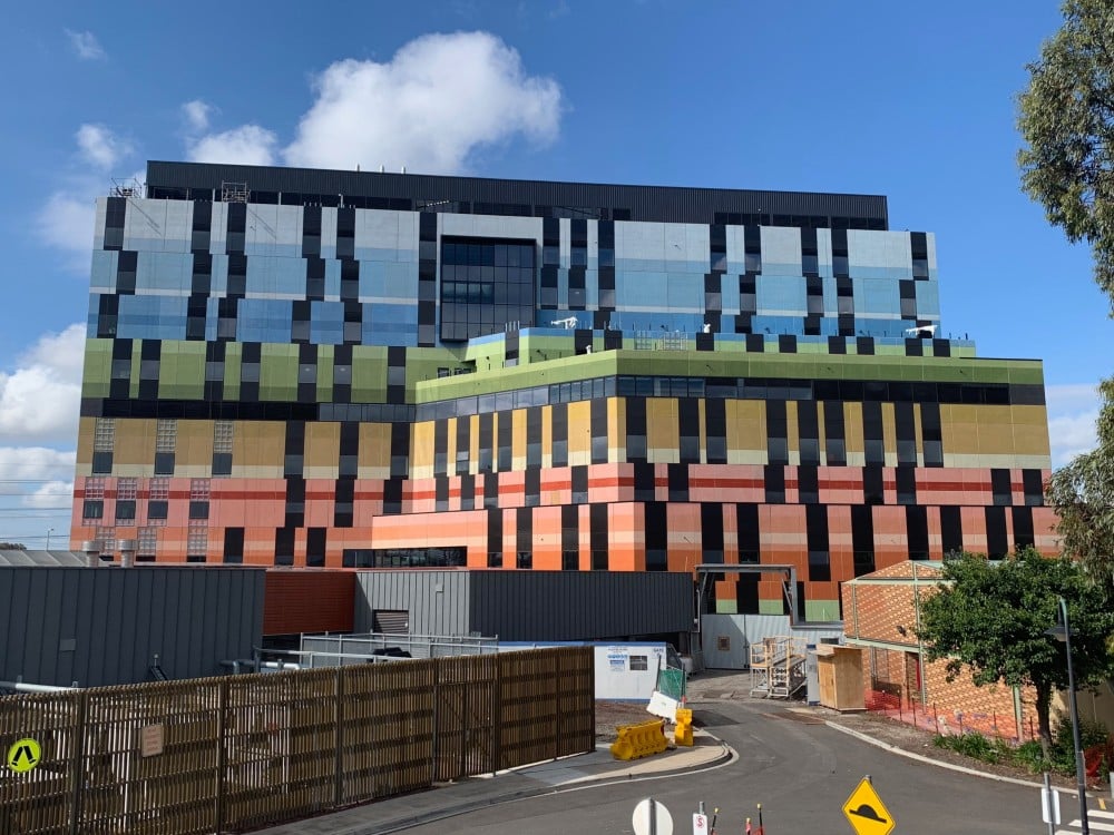 Multi-coloured exterior of Joan Kirner Hospital